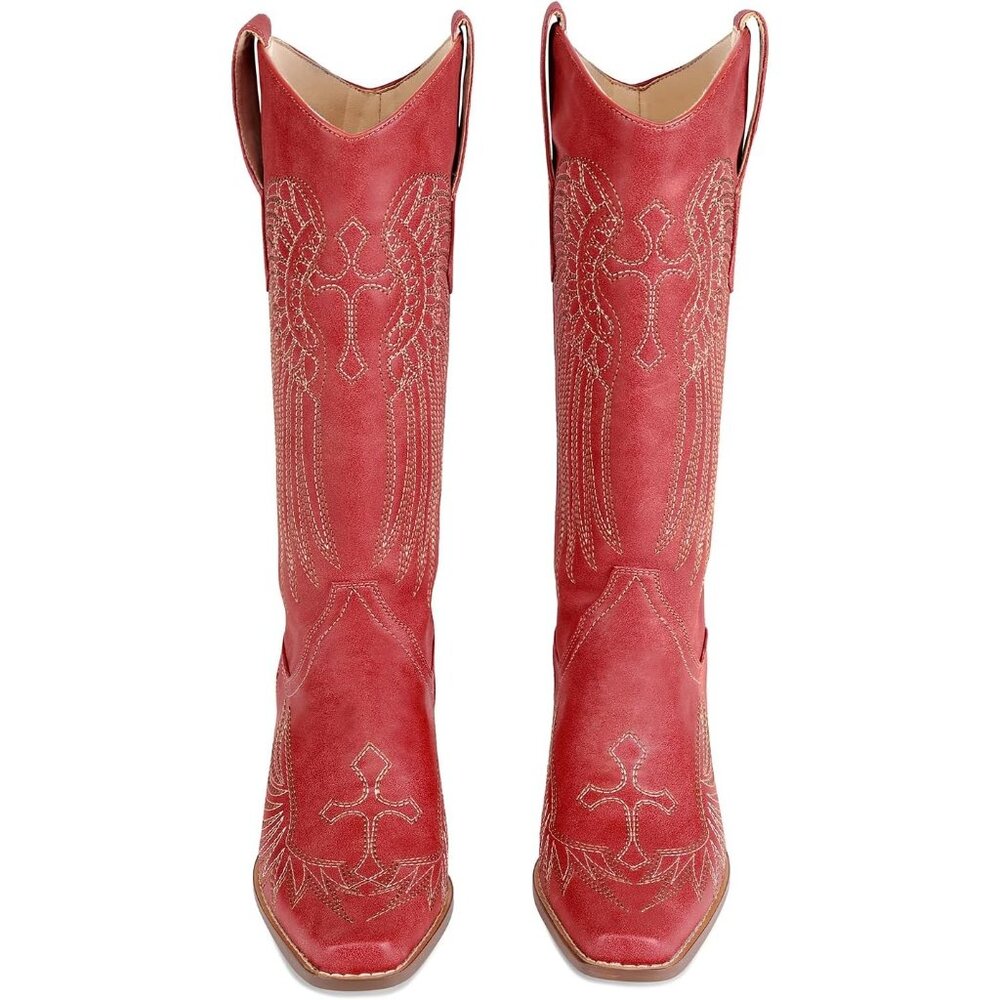 ⚡Womens Red Faux Leather Knee High Cowboy Chunky Heel Tall Western Boots - Picture 8 of 9